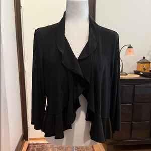 Nina Leonard Black Ruffle-Front Waterfall Open Cardigan Sheer Polka Dot Back